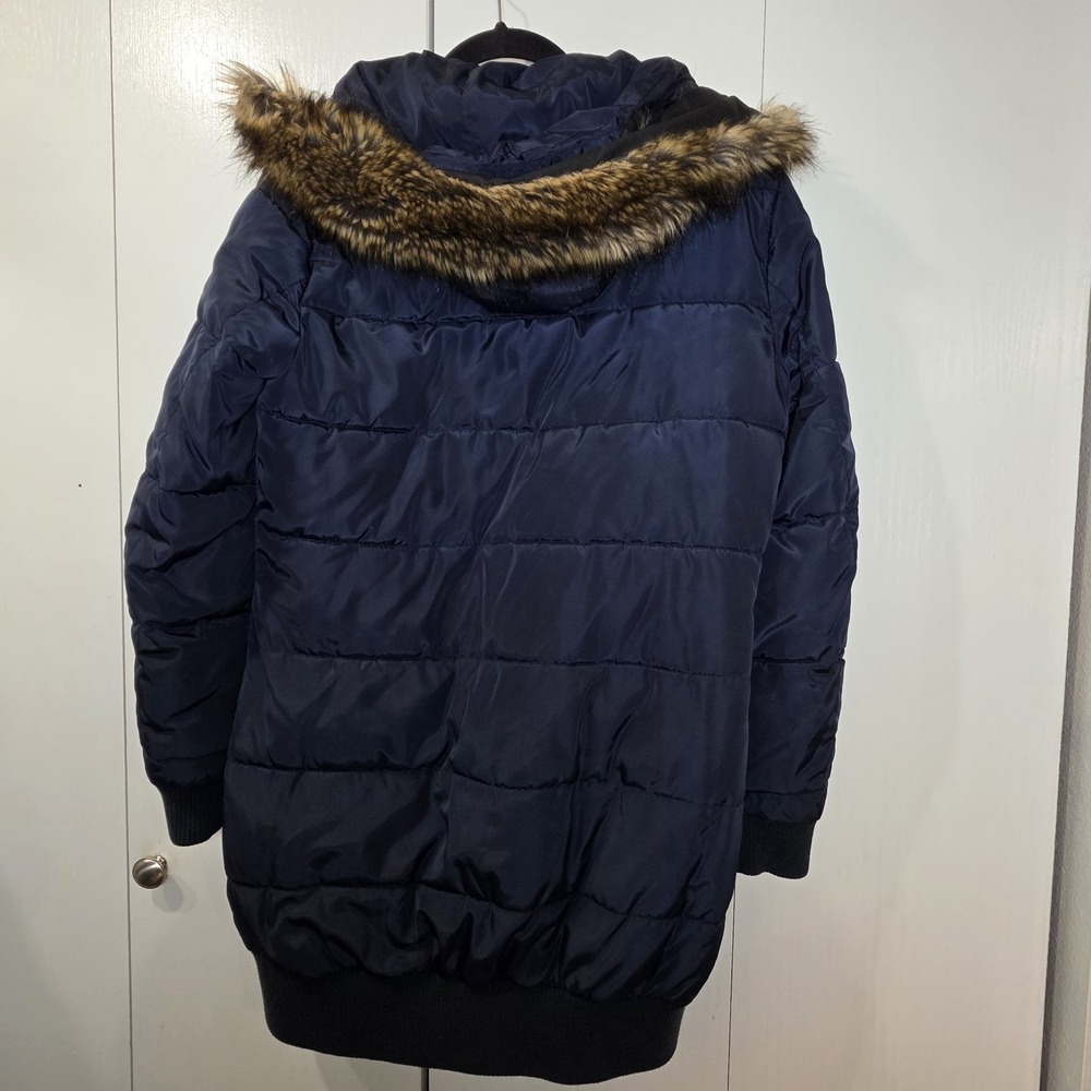 Levi Women's Puffer Coat S Navy Long Jacket Hooded Faux Fur urban utility scandi - Picture 3 of 12